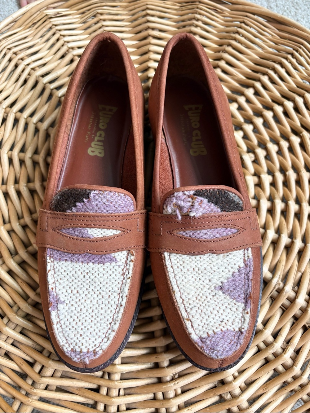 Euro Club Cognac Leather Textured Knit Lavender Cream Pattern Vamp Penny Loafers